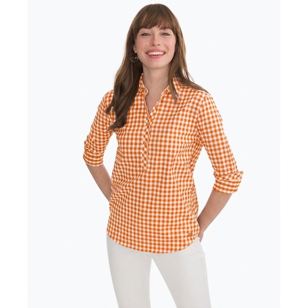 Southern Tide Intercoastal Pullover Women Large Orange Gingham Performance Shirt